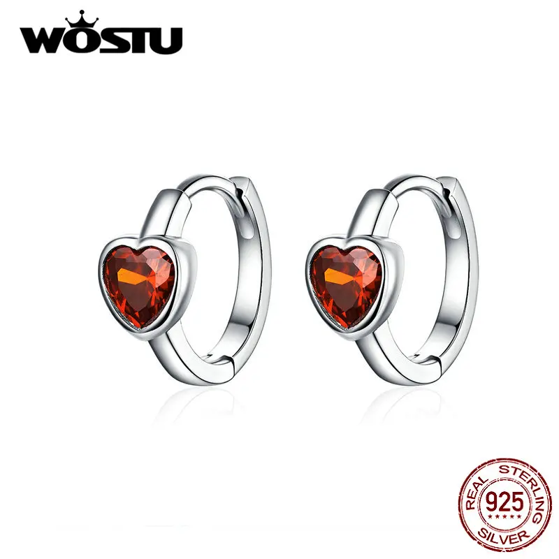

WOSTU Alluring Hearts Small Hoop Earrings 925 Sterling Silver Red Crystal Circle Earrings For Women Wedding Jewelry Gift CTE084