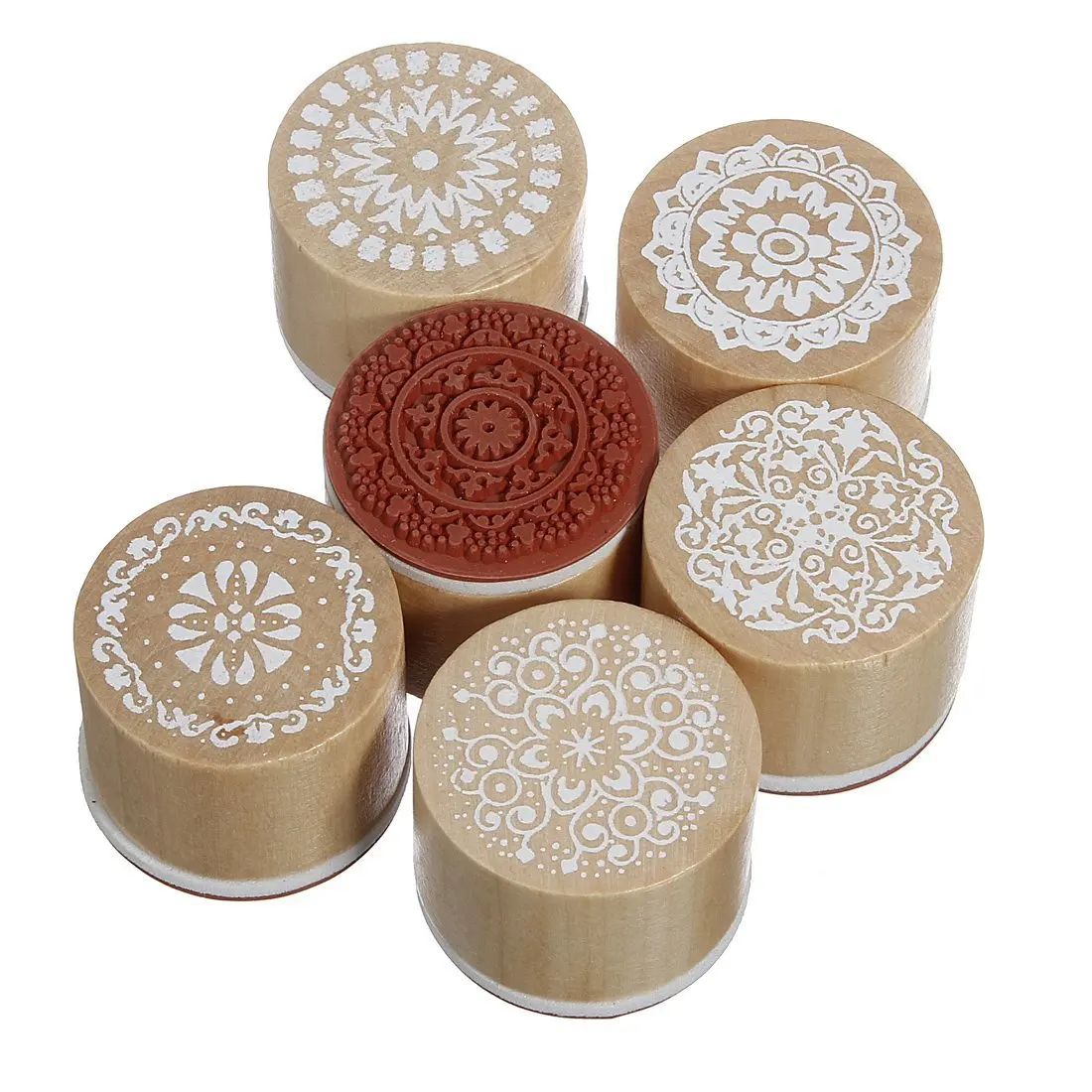 

Fashion 6 Assorted Wooden Rubber Stamp Round Handwriting Floral Flower Craft