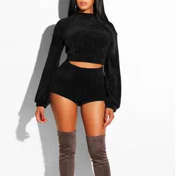 

2pcs Women Lady Winter Warm Long Sleeve Bodycon solid Turtlrneck Crop Top Casual Shorts Clothes Outfits