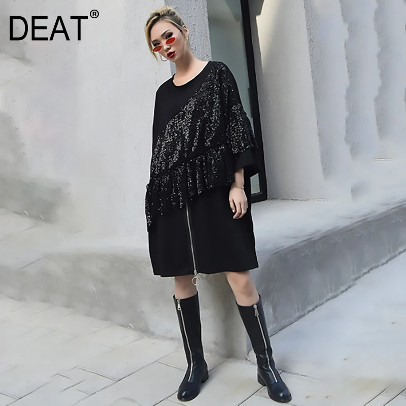 

[DEAT] 2019 New Spring Summer Round Neck Long Sleeve Sequis Split Joint Ruffles Loose Big Size Dress Women Fashion Tide JQ06