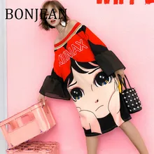 Bonjean/, летняя рубашка с вырезом лодочкой, повседневные топы, футболки для женщин, свободная футболка с расклешенными рукавами, длинная футболка с рисунком, BJ812