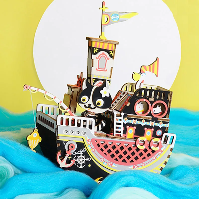 

Robotime 3D Wooden Puzzle Toy DIY Music Box Fishing Kitty Animal Cartoon Cat Model Assembly Musical Box Building Kit Kids Toys