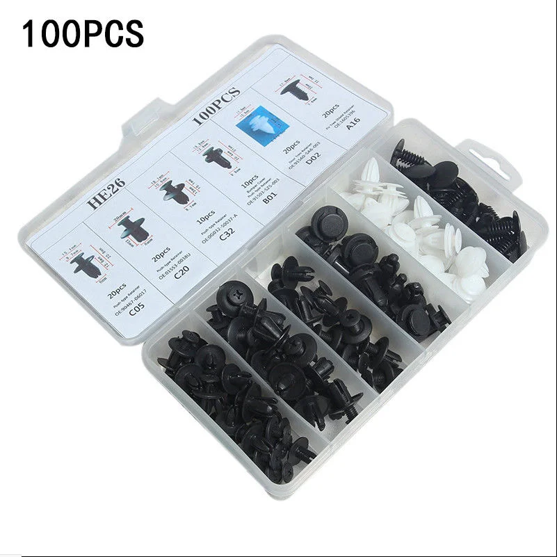 

HE26 100PCS 6 Sizes Mixed Auto Fastener Vehicle Bumper Fender Retainer Rivet Clip for All Cars Universal Plastic Fastener Clips