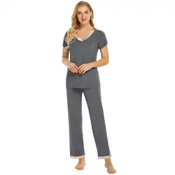 Женская одежда для беременных с v-образным вырезом с коротким рукавом эластичная полная Длина Талия обычные брюки Ночное белье пижамный
