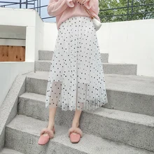 Новая весенняя и Летняя женская плиссированная юбка в горошек длиной до щиколотки с эластичной резинкой на талии юбки двухслойные женские юбки в горошек