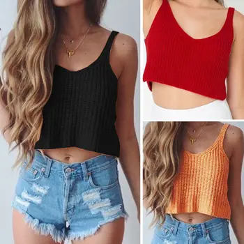 

Women Sexy Short Tank Summer Top Knit Crochet Spaghetti Strap V Neck Vest Cami Tank Crop Tops Femme Blouse Streetwear