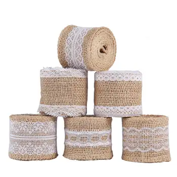 

6Pcs Wedding Decoration Burlap Ribbon with White Lace 5CM x 2M for Handcrafted Lace Linen Gift Wrap Floral Arrangements