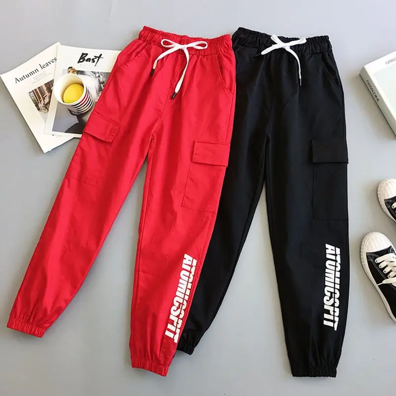 

Casual Plus Size Pants Streetwear Women Gothic Black Preppy Loose High Waist Overall Letter Pocket Summer Female Cool Pants