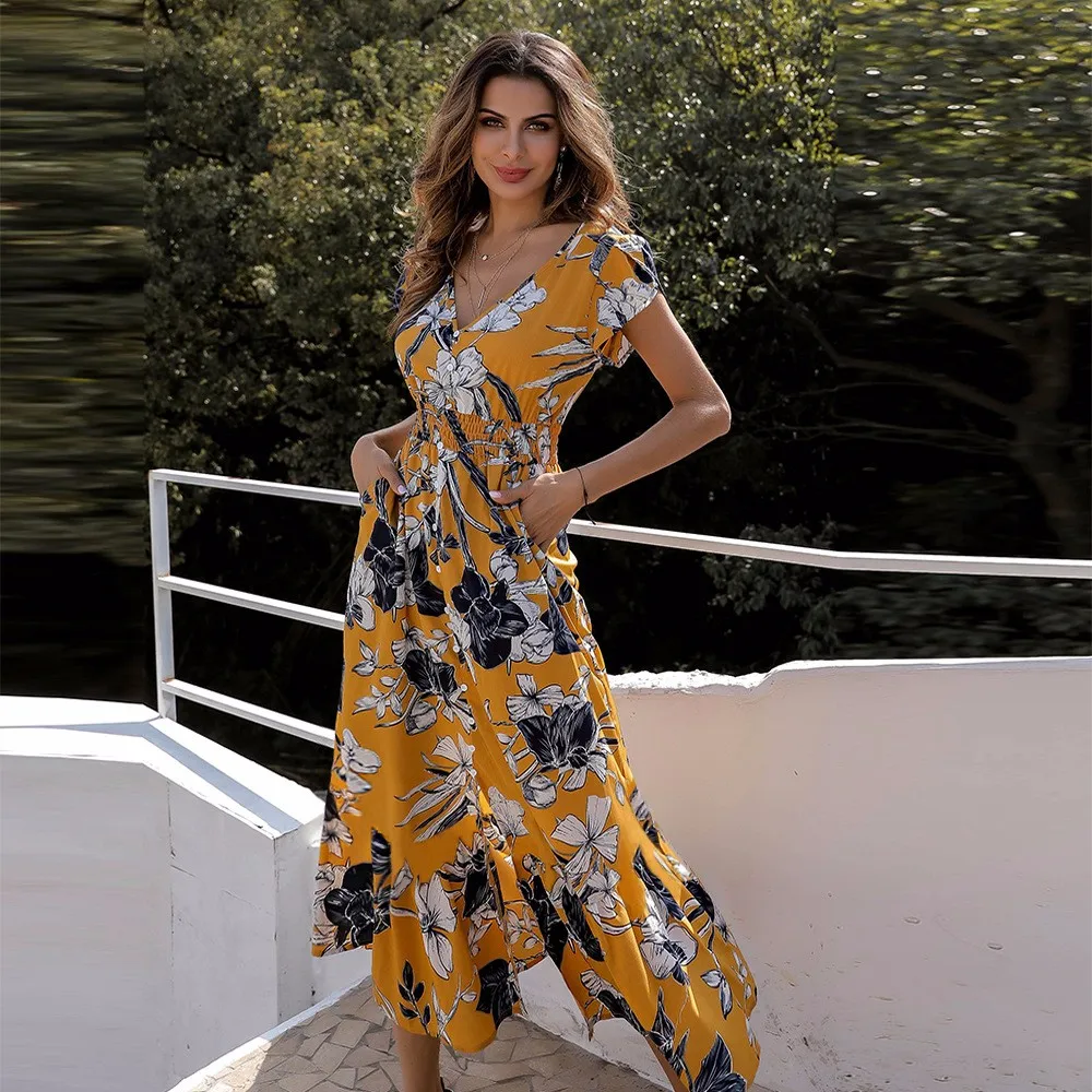 

DeRuiLaDy 2019 Women Summer Beach Long Dress Short Sleeve V Neck Button Floral Print Split Maxi Dresses Casual Sundress Vestidos