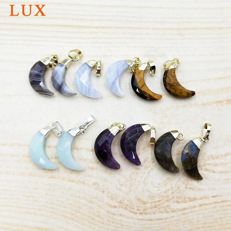 

10Pcs Faceted Moon Pendant Botswana Agates Tiger Eye Dog Teeth Amethysts Labradorite amazon stone Pendant 18x13mm