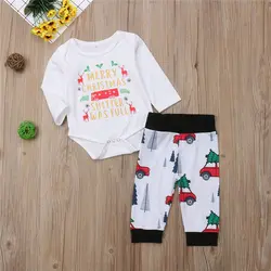 Рождественская Одежда для новорожденных мальчиков и девочек от 3 до 18 месяцев, комбинезон с рисунком автомобиля, длинные штаны, комплект