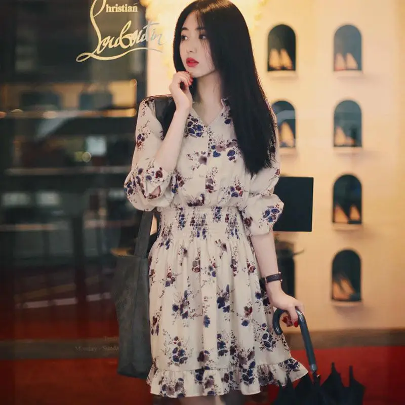 

MISSKY Women Dress Long Sleeve V Neck Fashion All-match Floral Printing Tight Waist Mini Dress For Autumn Spring