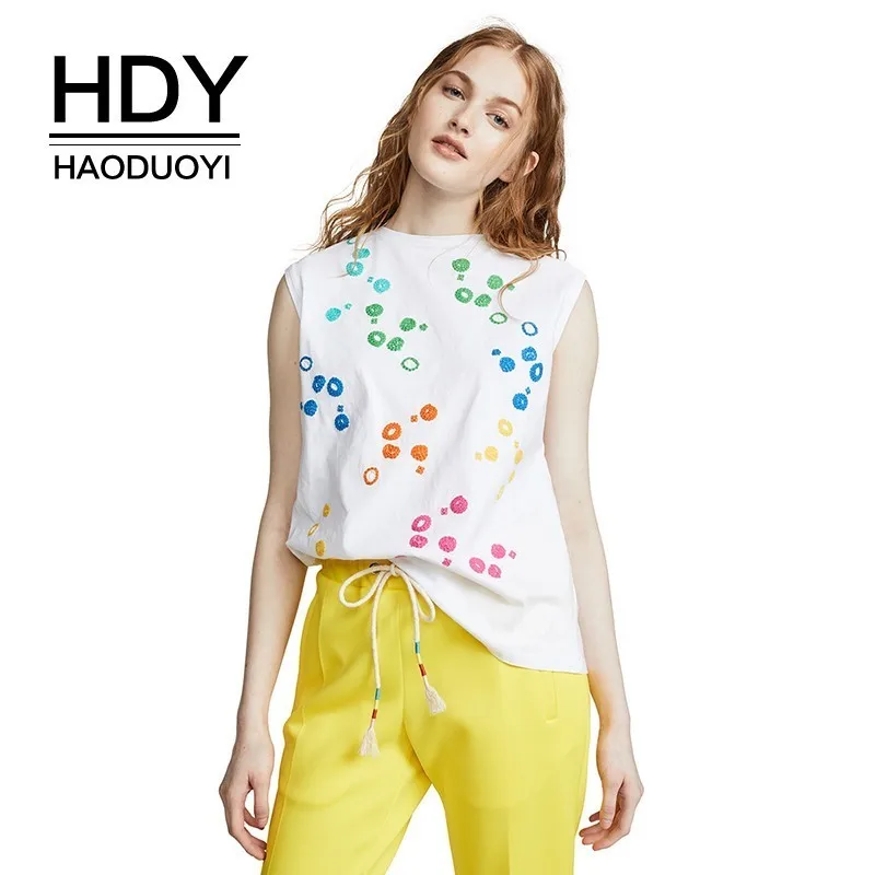 

HDY Haoduoyi Street Style Simple Fashion Basic Section Sexy Sleeveless Tops Multicolored Wave Point Embroidered T-shirt