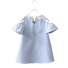 Summer Children Kids Baby Girls Dress Cotton Casual Short Sleeve Striped Off Shoulder Dresses YJS Dropship girls off shoulder flounce sleeve striped top
