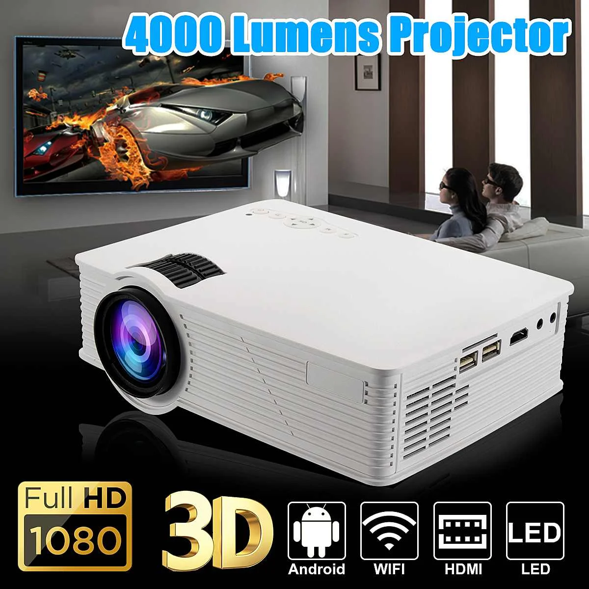 7000Lumens LED WIFI Projector 1080P Full HD Android4.4 3D Multimedia USB/SD/HDMI/VGA/AV/TV For Theater Home Cinema AU/US Plug 7000Lumens LED WIFI Projector 1080P Full HD Android4.4 3D Multimedia USB/SD/HDMI/VGA/AV/TV For Theater Home Cinema AU/US Plug