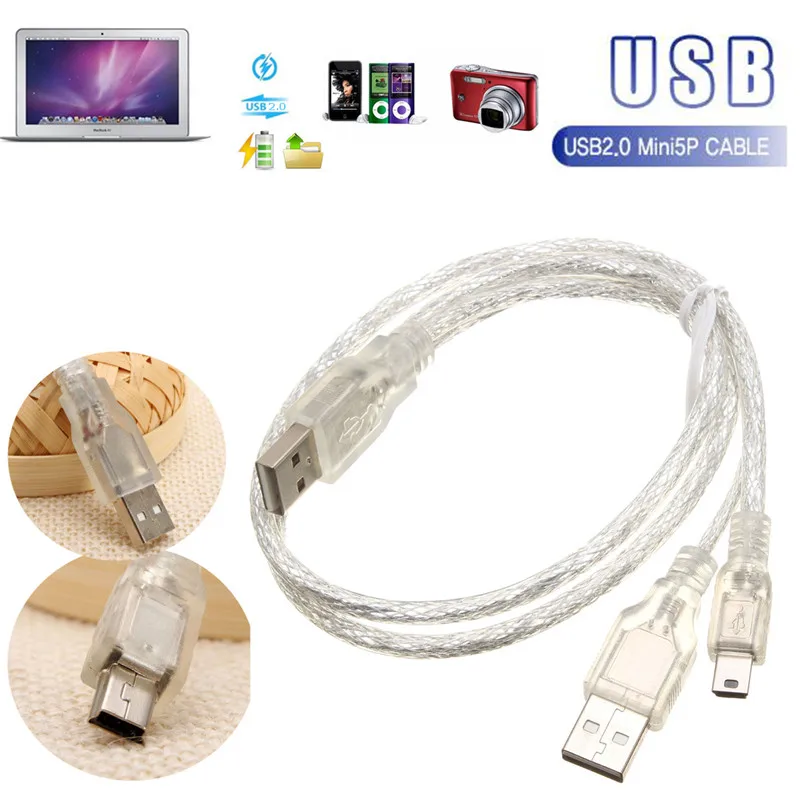 Прозрачный кабель USB 2 0 с двойным штекером типа A для Mini B 5pin Male Y Spliter Кабель зарядки