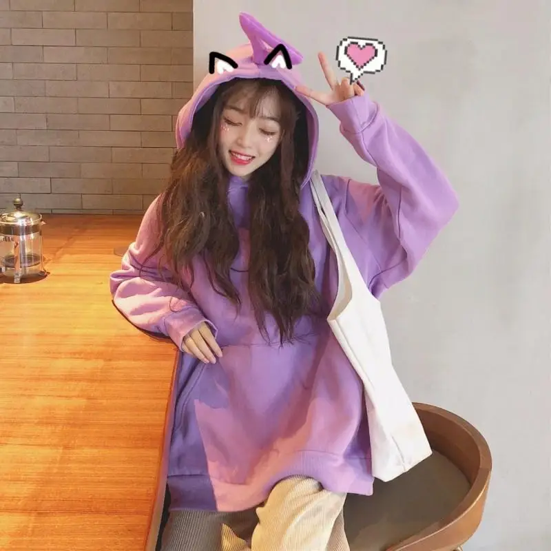 MISSKY Autumn Winter Women Sweatshirt Solid Color Cute Teletubby Design Sweatshirt Hoodies Loose Pullover Casual All-match Top