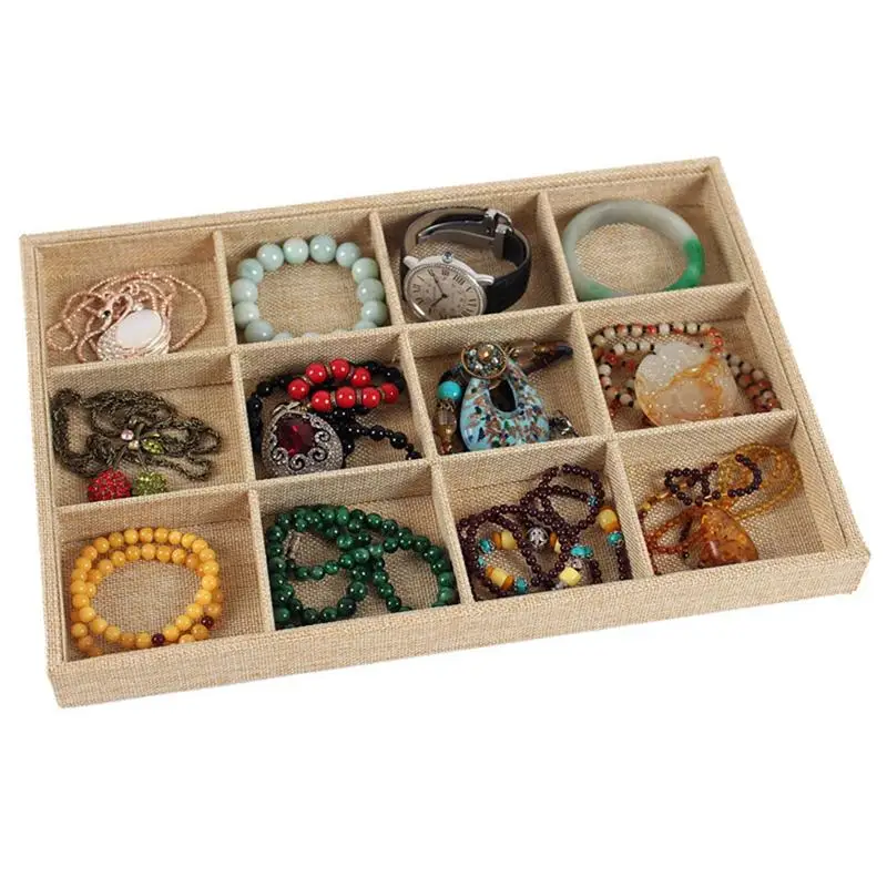 12 Grids Jewelry Tray Removable Stackable Sackcloth Jewelry Box Display