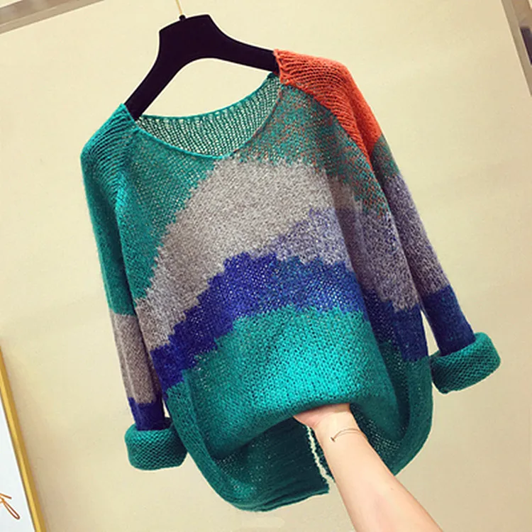 Thin Lazy Wind Sweater Pullover Early Autumn 2018 New Style Color-Block Loose-Fit Jumpers Female Long Sleeve Cutout Top Thin Lazy Wind Sweater Pullover Early Autumn 2018 New Style Color-Block Loose-Fit Jumpers Female Long Sleeve Cutout Top