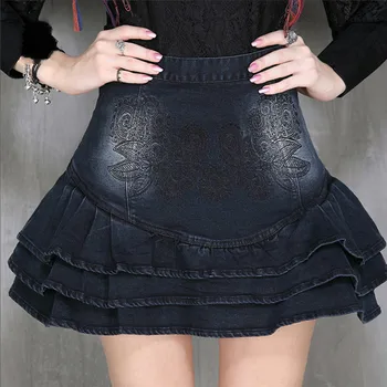 

Spring and summer denim skirts ball gown vntage embroidered ruffled denim skirts women X3022