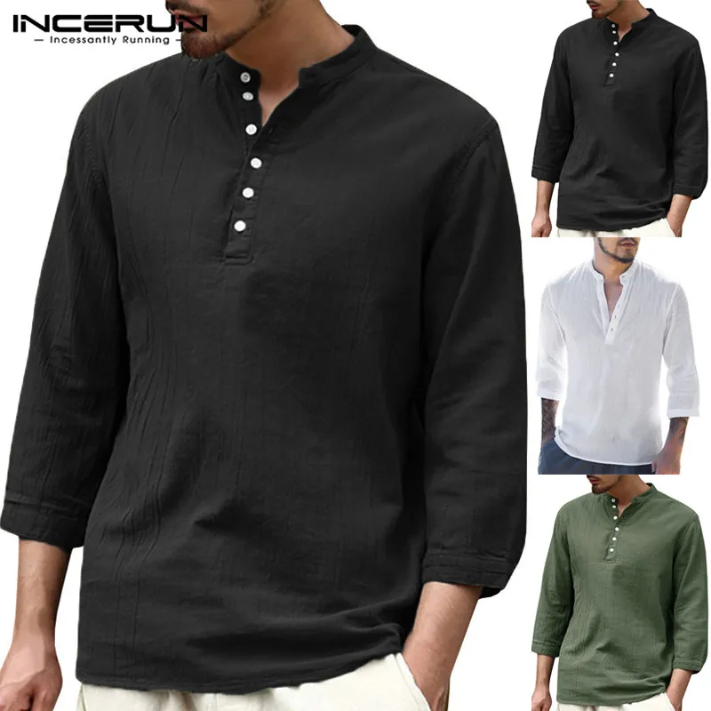 INCERUN Men Shirt Cotton 3/4 Sleeve V neck Solid Vintage Male Tops Slim ...