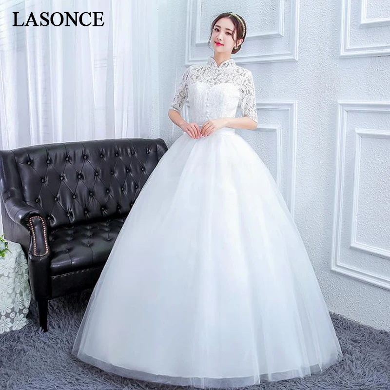 

LASONCE High Neck Buttons Ball Gown Lace Wedding Dresses Hollow Out Embroidery Half Sleeve Open Back Bridal Dress
