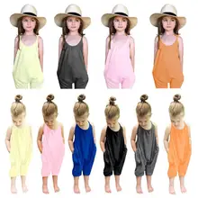 Детские ромперы с завязкой на спине, хлопковый однотонный комбинезон для малышей, свободная цельнокроеная одежда без спинки, без рукавов Одежда на бретелях для девочек