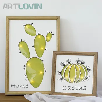 

Nordic Style 3D Painting Picture Frame Wall Mounted Decoration With Led Lighting Cactus Carved Frames Green Plant For Home Decor