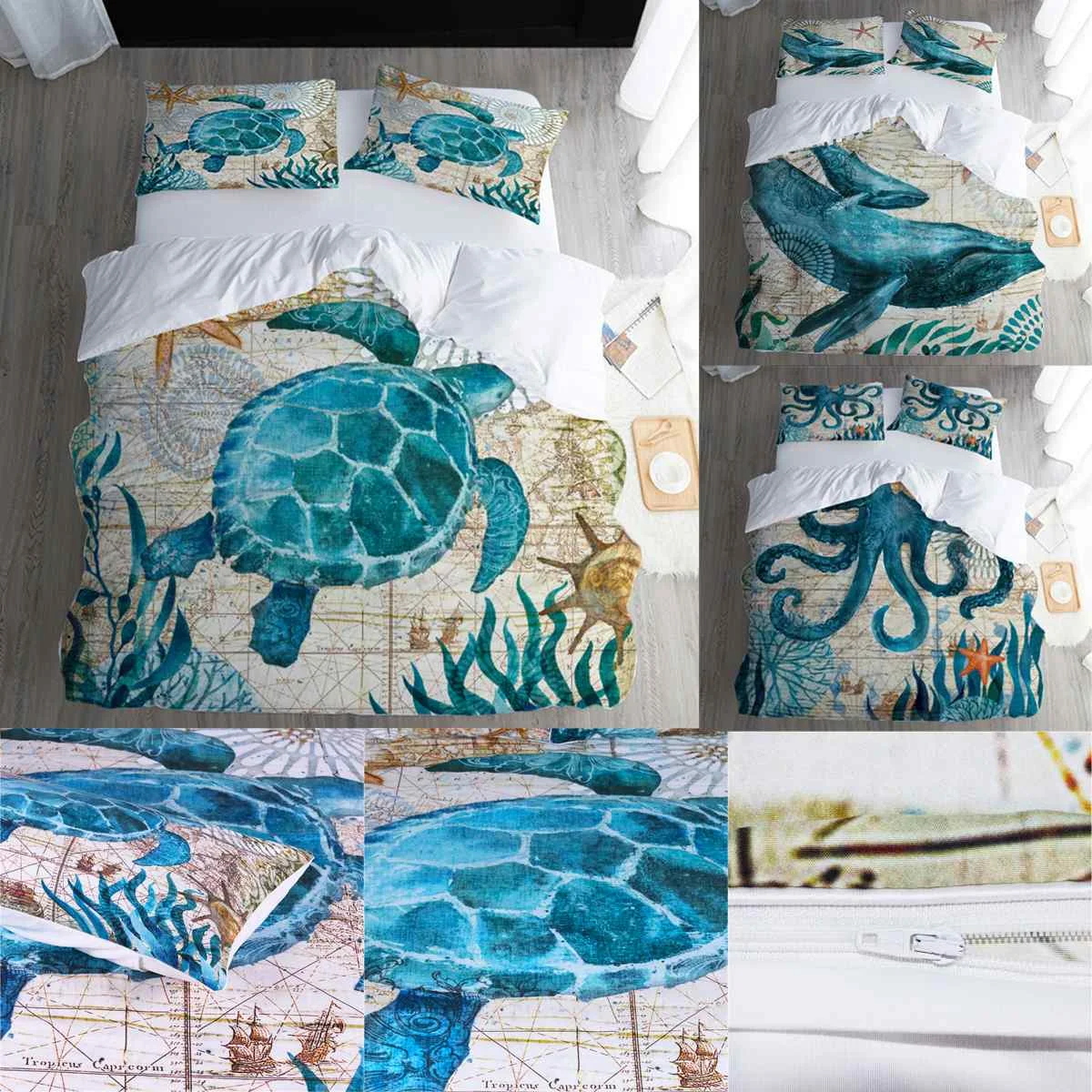 

3Pcs Luxury Twin FUll Queen king Size Bedding Set Duvet Cover Pillowcases Bed Set Bedclothes Ocean Animal Printed