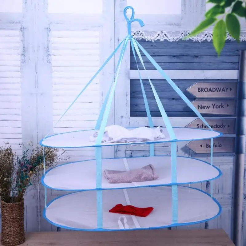 

Folding Three-Deck Clothes Basket Underwear Socks Drying Mesh Net Storage Hanger Windproof Hook Supplies Laundry Hamper