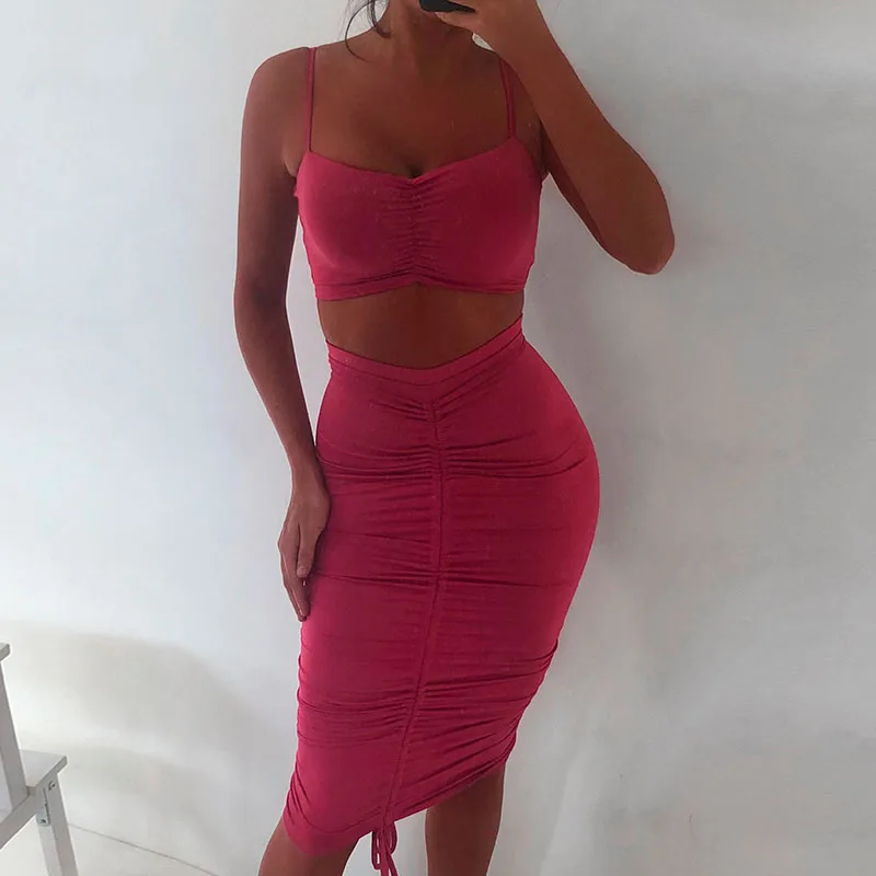 

2019 Adjustable Length Two Piece Set Crop Top And Skirt Set 2 Piece Set Women Sexy Pleat Ruched Bodycon Two Piece Outfits