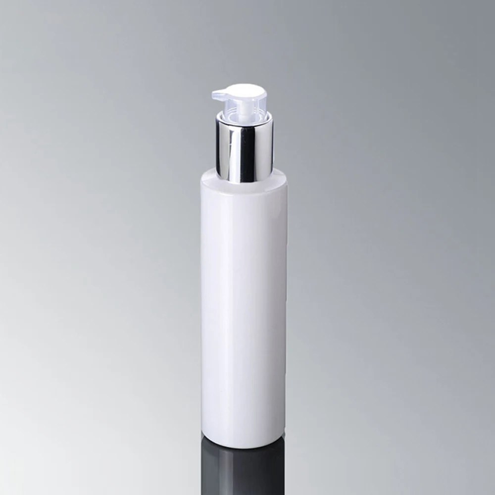 Round white Flat shoulder 150ml cosmetic lotion bottle with silver pump empty PET for serum | Красота и здоровье