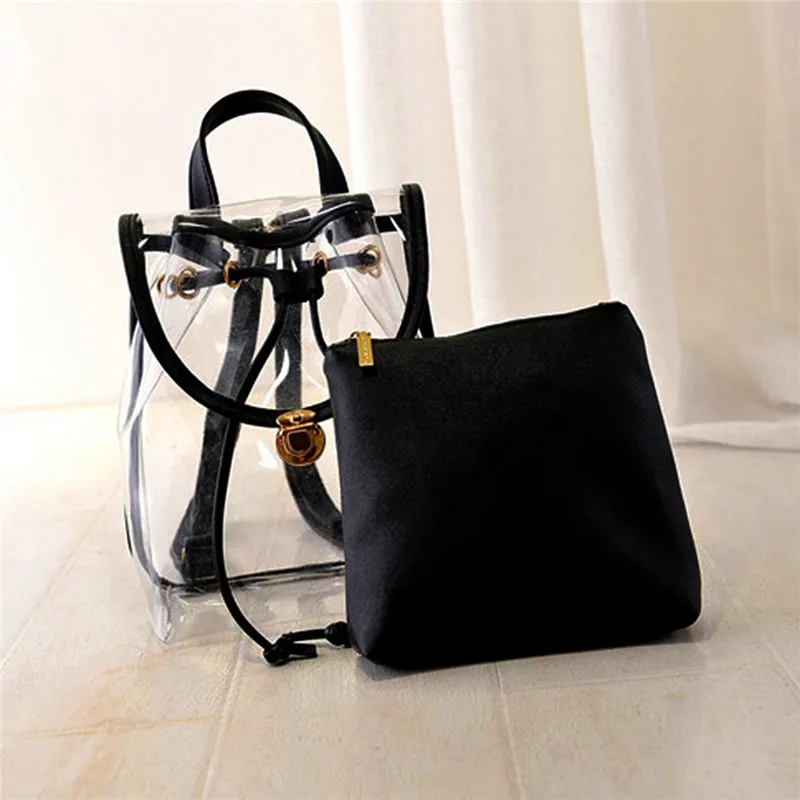 

Female Transparent Back Pack Women's Backpacks Set Female Clear PVC School Bags For Teenage Girls Rucksack Mochila Black 2PCS
