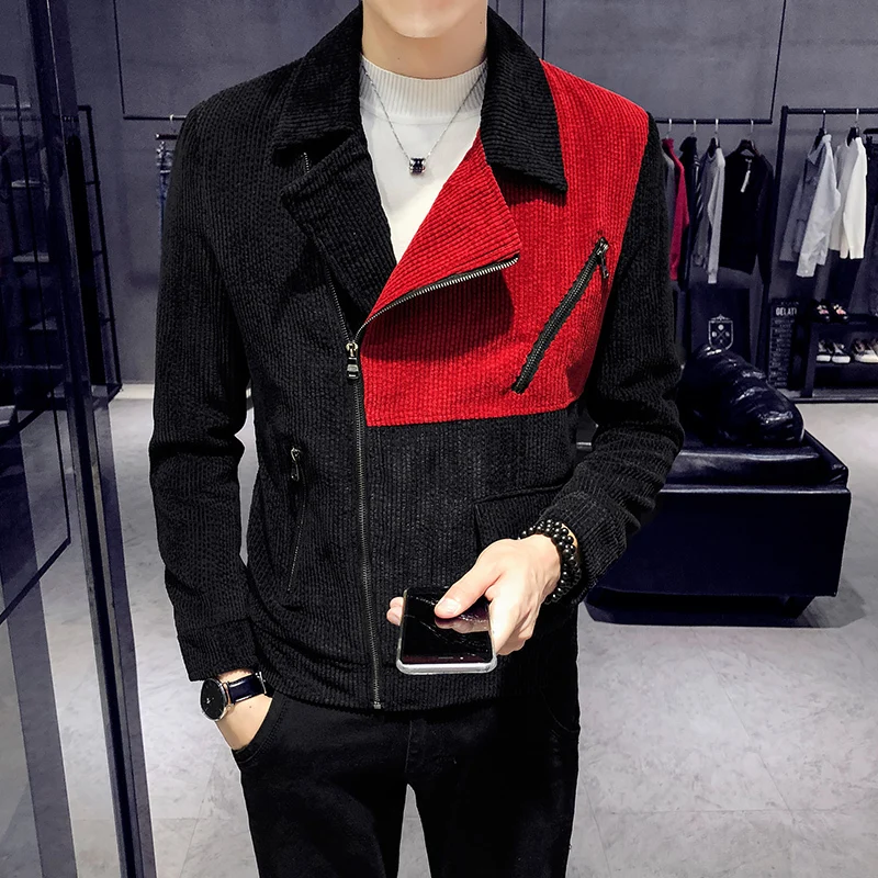 

Black Red Contrast Jacket Men Corduroy Slim Fit Turn Down Collar Mens Jacket And Coats Designer Jaqueta Masculina Ment Coat