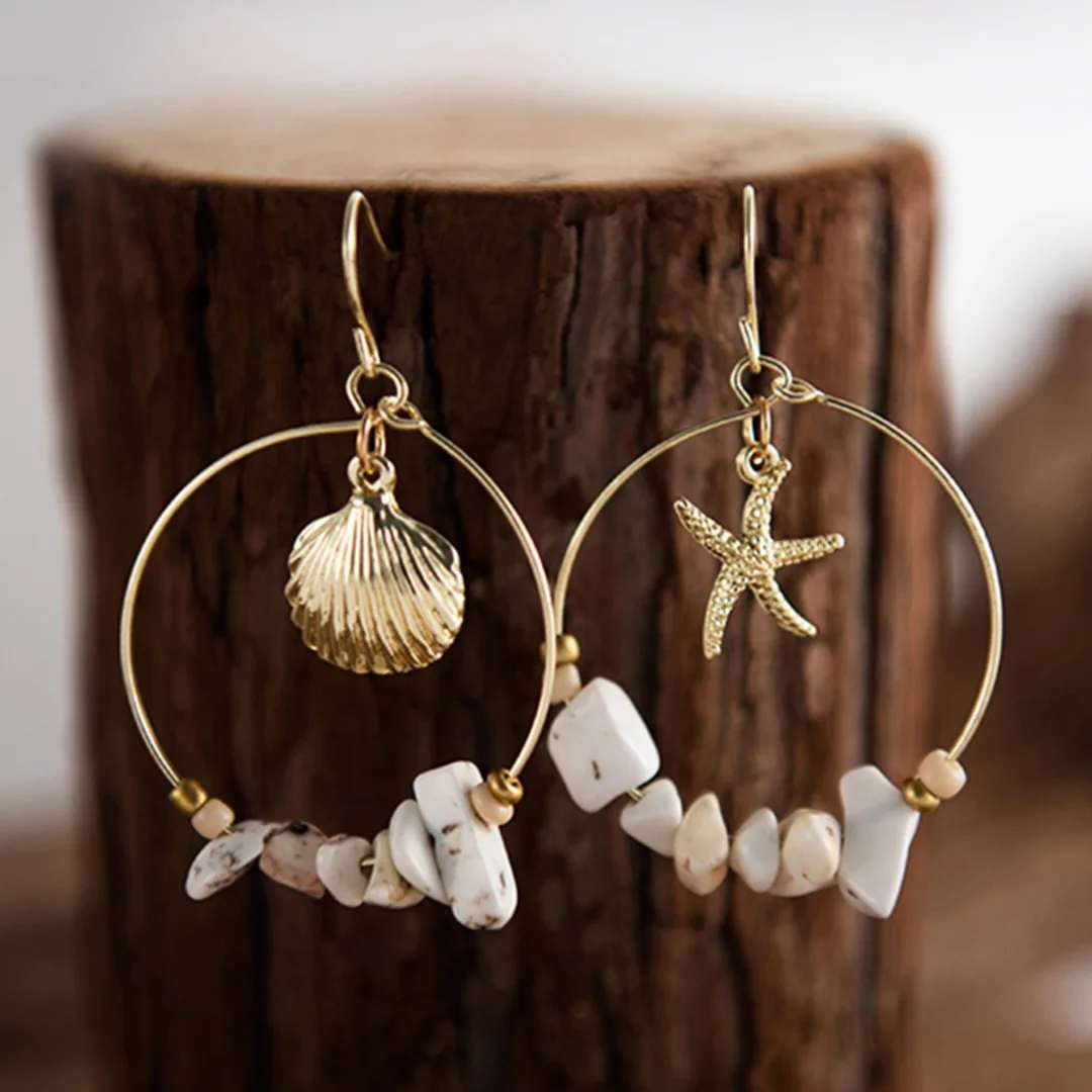 

Trendy Large Circle Earring With Stone Beads Punk Big Round Gold Alloy Starfish Shell Drop Earring Shellhard Charms Hook Earring