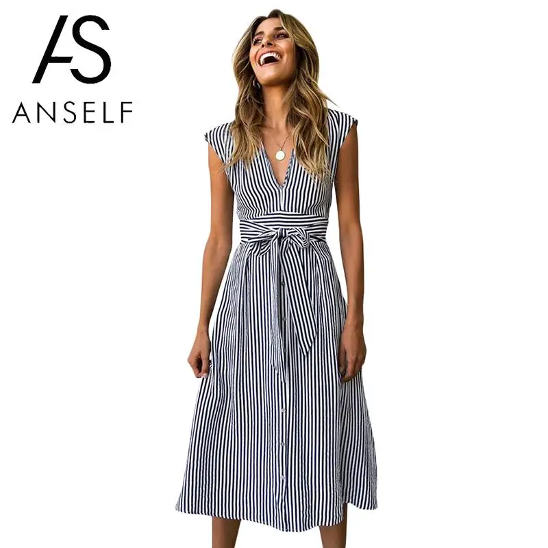 

Anself Women Blue Striped Dress Contrast Stripe V Neckline High Waist A-line Dress Tied Bandage Bow Buttons Casual Vacation Wear