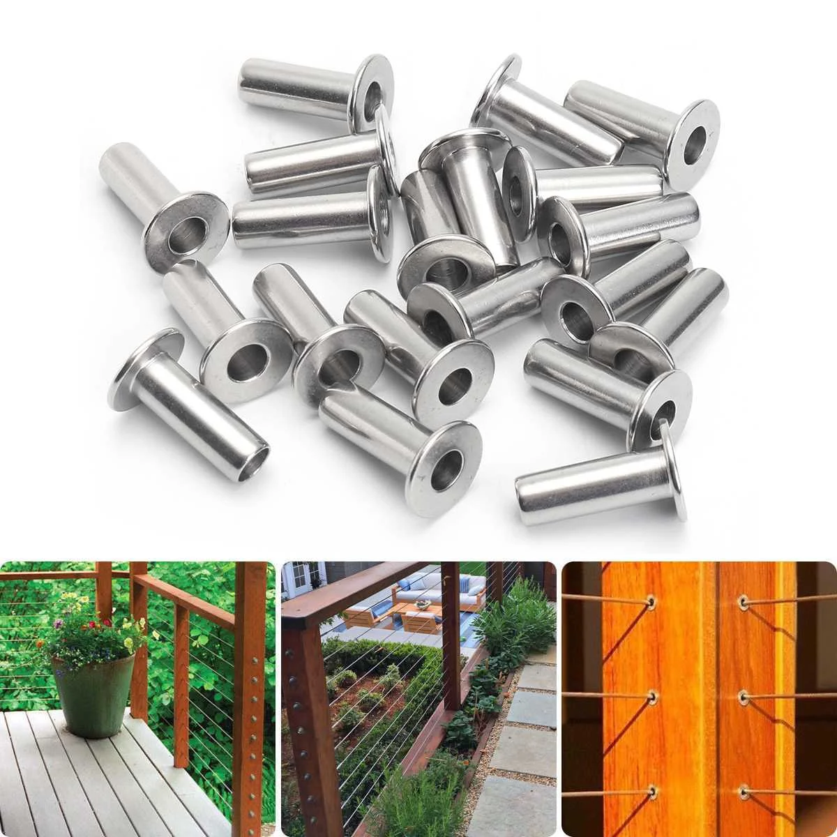 

20Pcs 2cm Stainless Steel Protective Protector Sleeves Marine Grade for 3/16" Cable Rail Railing Wood Posts Balustrade Loop Cove