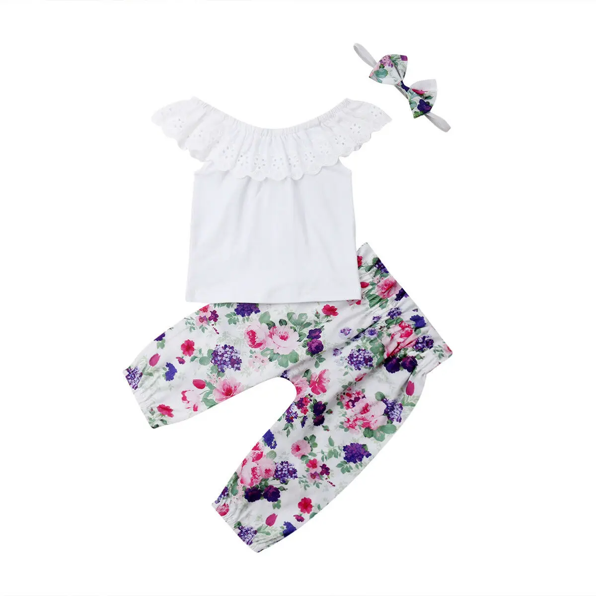 

Toddler Baby Girls Summer Clothes Tops Flower Pants Headband Outfit