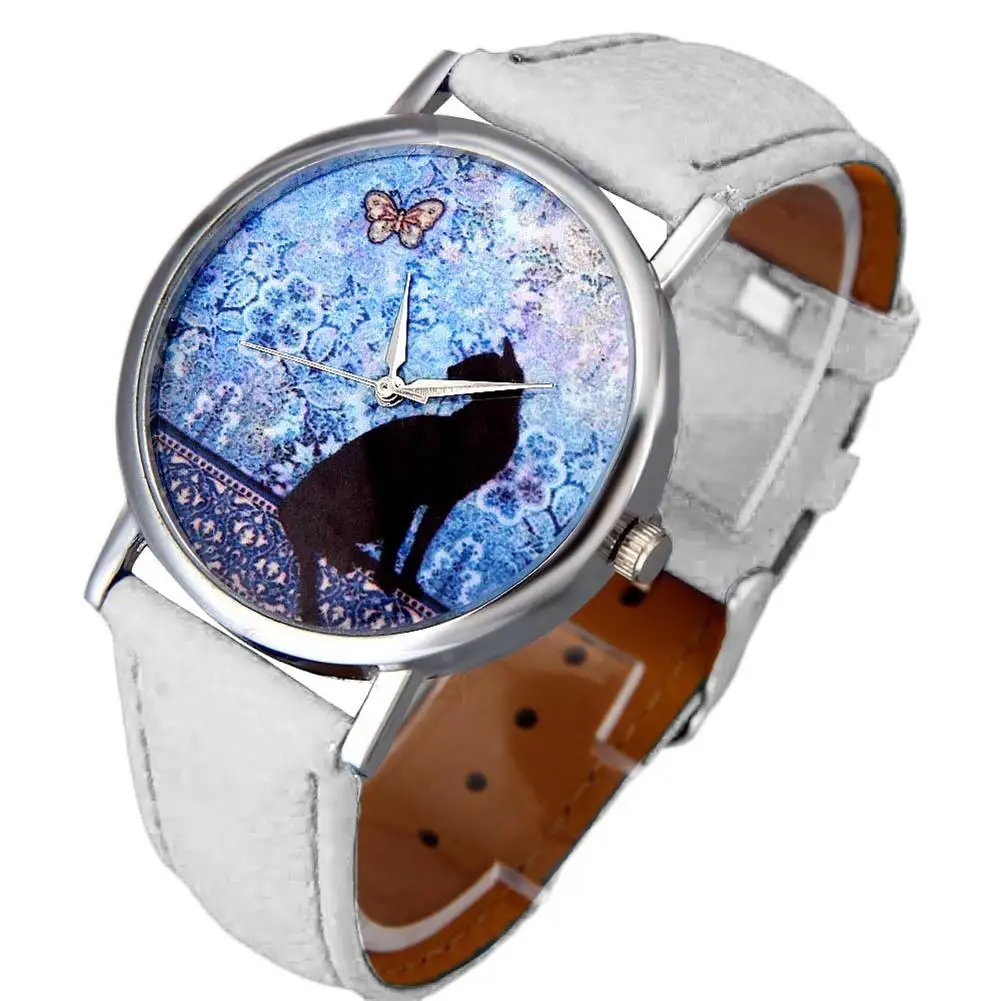 

Fashion Women's Cat Silhouette Pattern Faux Leather Band Analog Quartz Wrist Watches