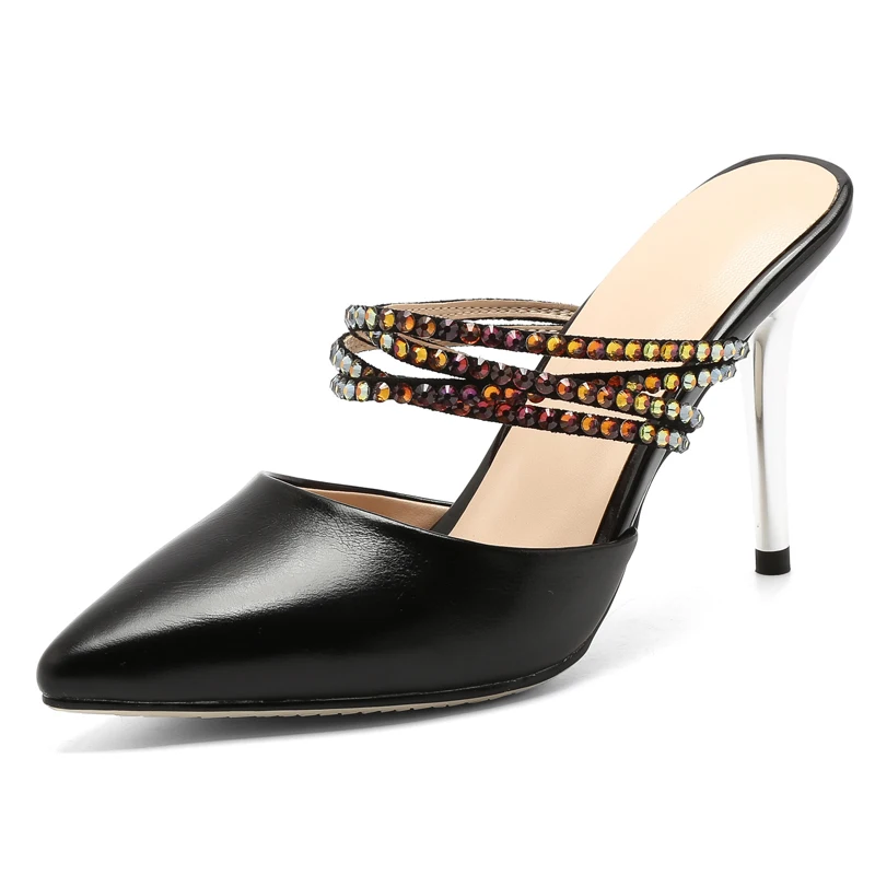 

White Genuine Leather Women Mules 9 CM High Heels Sexy Pointed-toe Summer Slippers Woman Crystal Pumps Box packing T9-32