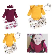 Новые поступления Детские Цветочные 3 шт. оборками одежда комбинезон брюки головная повязка комплект одежды