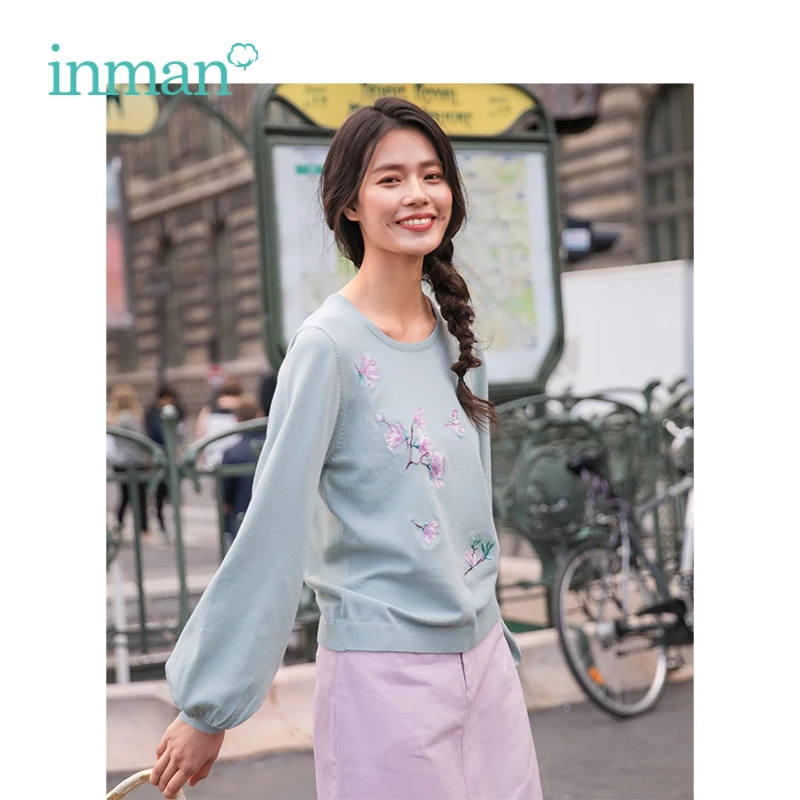 INMAN 2019 Spring Round Collar Embroidery Artistic Fresh Loose Style Lantern Sleeve Women Pullover Sweater