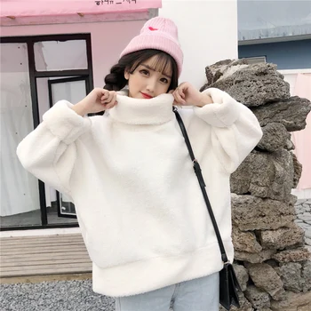 

Fashion fleece Sweatshirt casual autumn winter loose slim sweet cute thick plush high collar warm jacket Hooded pullover Female