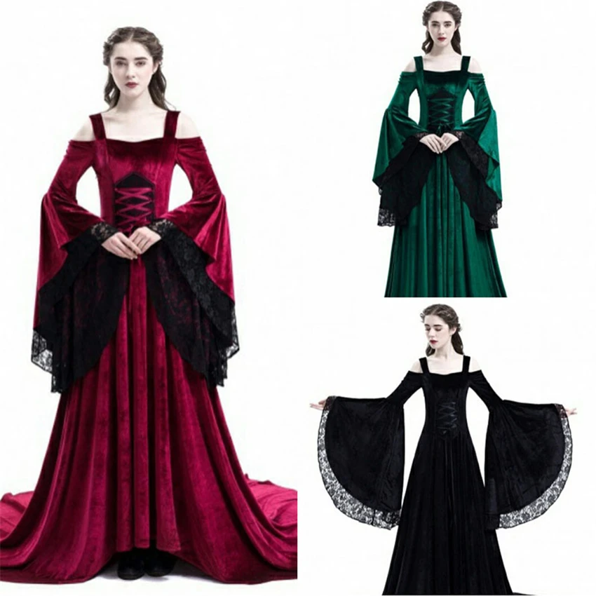 

Medieval Dress Halloween Costumes for Women Strapless Lace Shoulder European Palace Court Retro Noble Cosplay Princess Dress