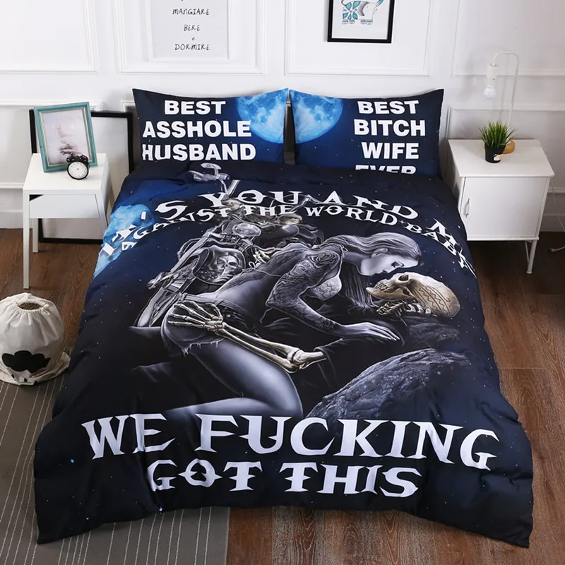 

2019 Home Textiles Black Skull Bedding Set Queen Size 3D Couple Kissing Skull Printed Duvet Cover With Pillowcases Bed Bedline