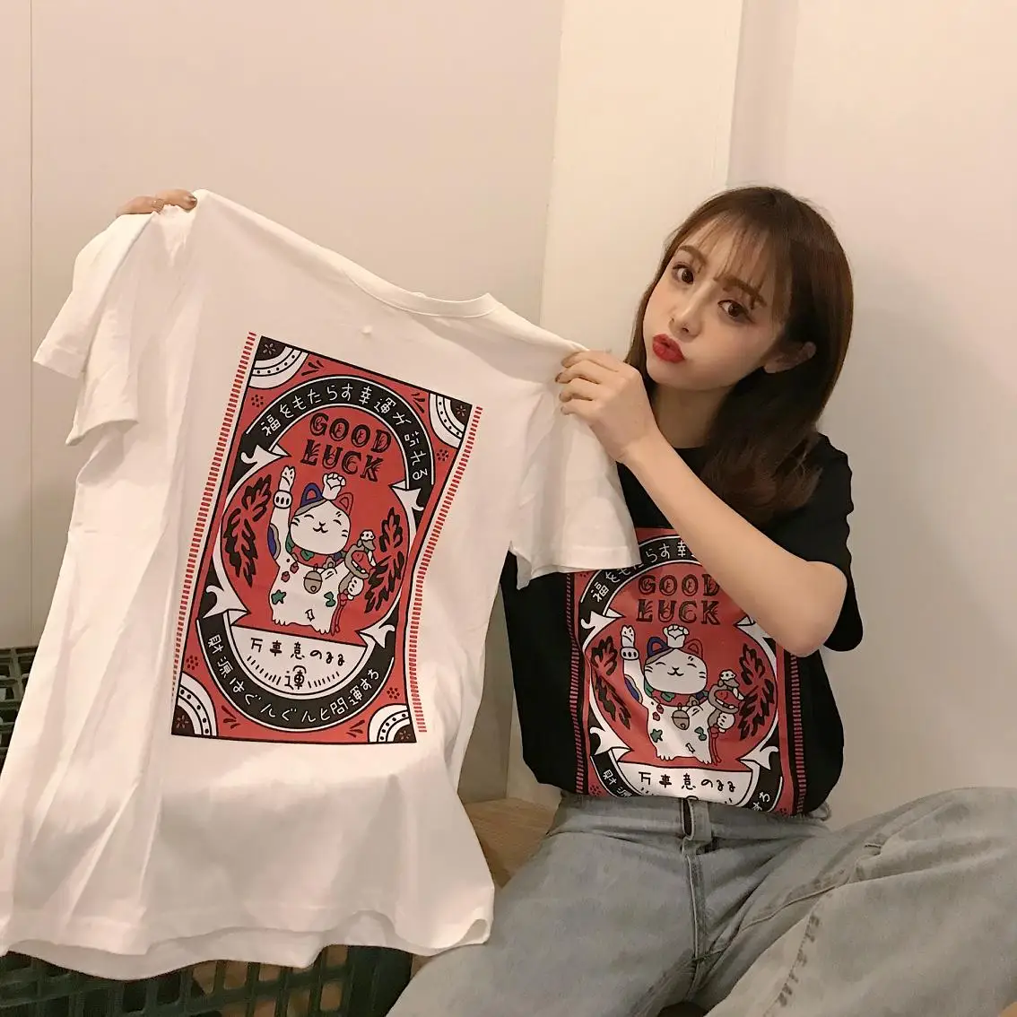 

GOOD Lucky Letters Printed T-Shirt Women T Shirts O-neck Soft Short Sleeve Casual White Tops