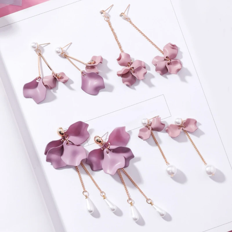 

Cute Women Simulated Pearl Tassel 1Pair Pendientes Purple Petal Flower Lovely Korean Drop Earring Long Exquesite Girls