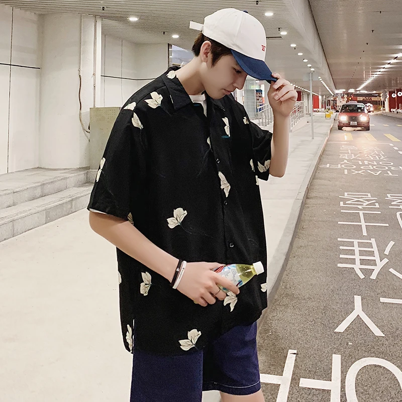 

Men's 2019 Summer New Print Short Sleeve Shirt Loose Slim Short Sleeve Shirt Personality Fashion Hip Hop Youth Men's Wear