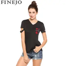 Women Casual Short Sleeve Front Pocket V Neck Plaid Slim Pullover Cut Out T-Shirt Women Casual Short Sleeve Front Pocket V Neck Plaid Slim Pullover Cut Out T-Shirt