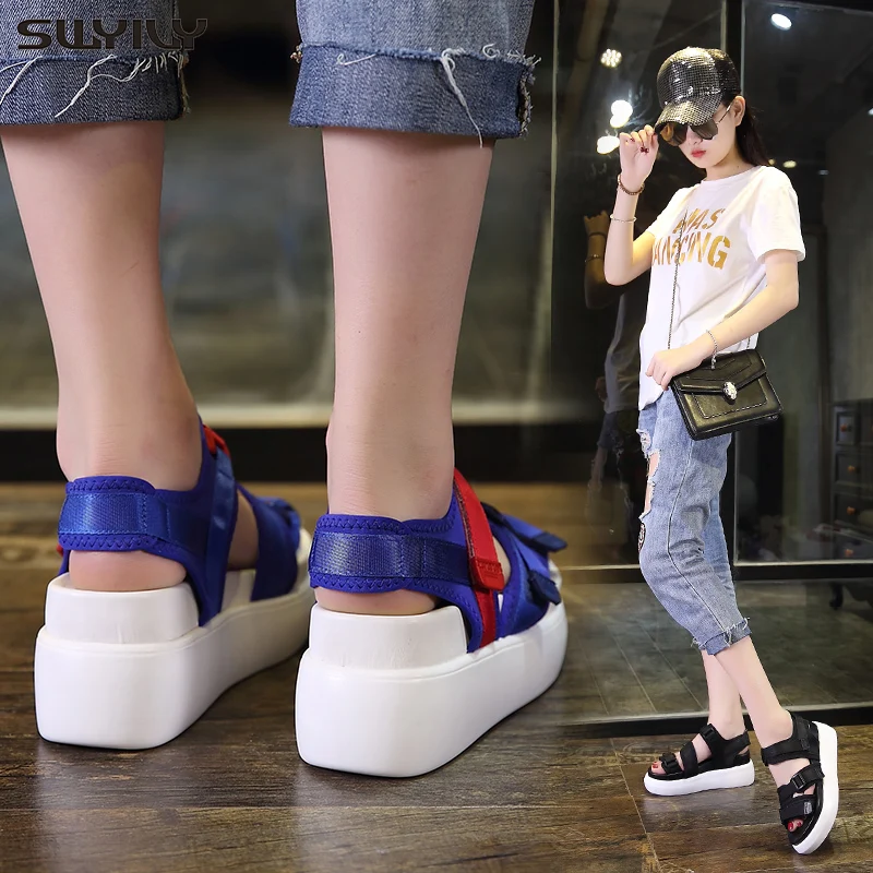 SWYIVY Multicolor Chunky Sandals Shoes Summer 2019 New Hook Look Female Casual Shoes Platform White Sandals For Woman Blue Shoe